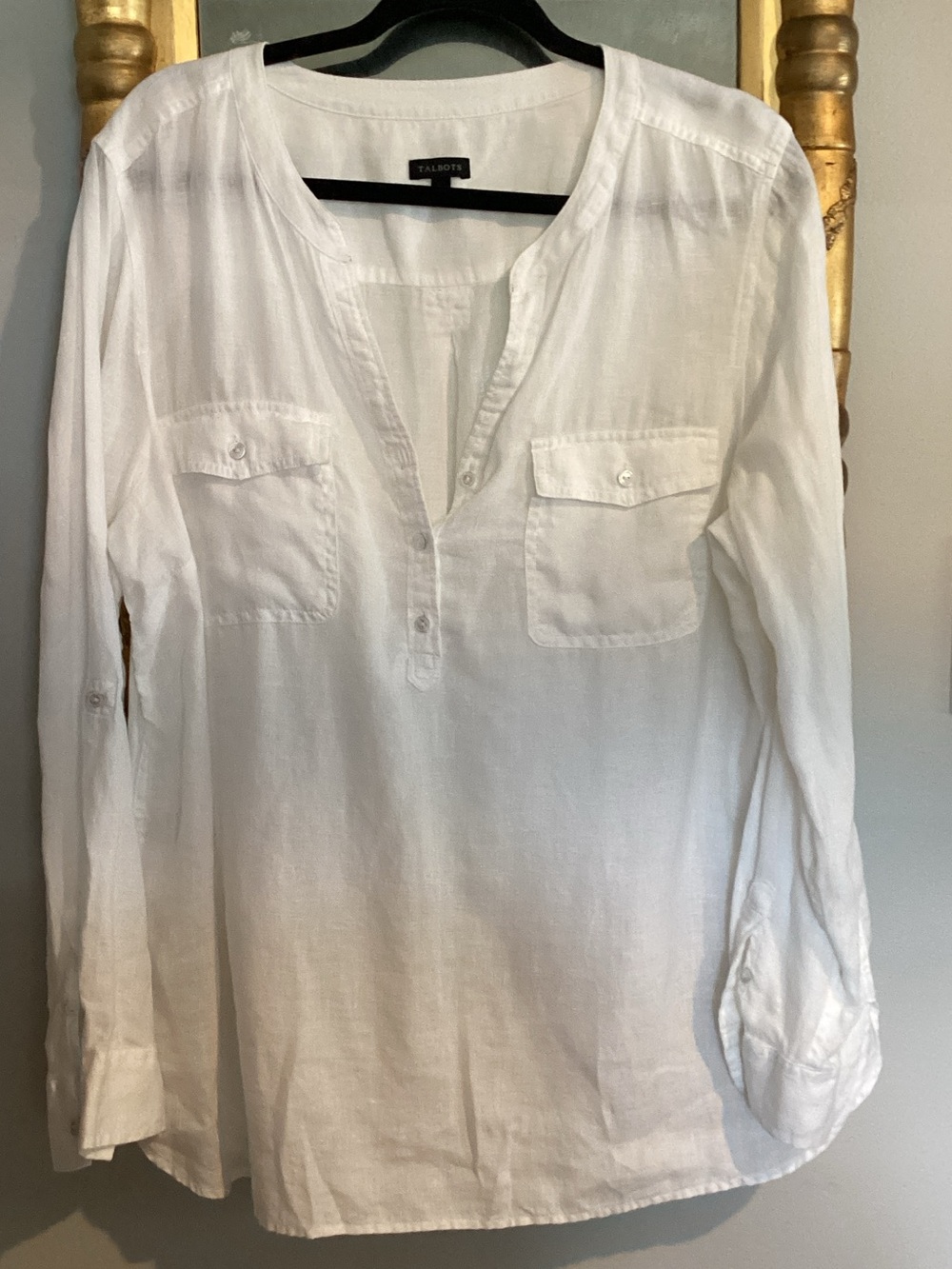 Talbots White Long-Sleeve Split-Neck Tunic with Chest Pockets